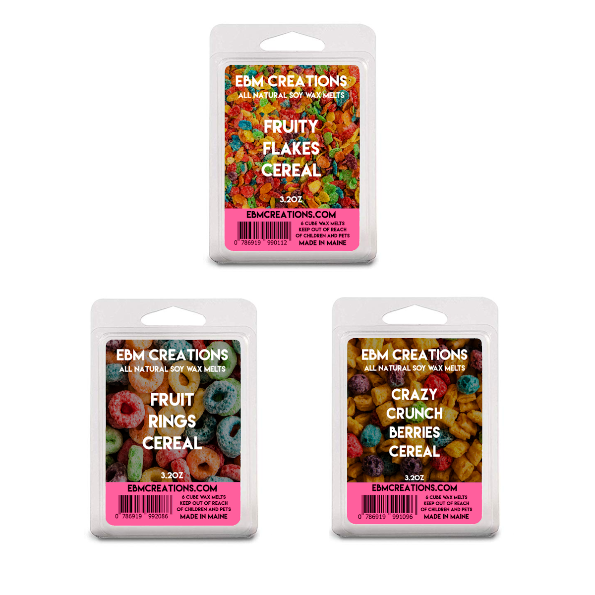 3 Pack Fruity Cereal Bundle  - Scented All Natural Soy Wax Melts - 6 Cube Clamshells 3.2oz Each